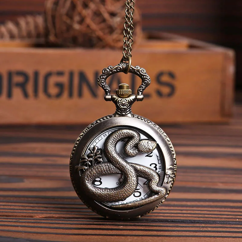 Classic creative pattern large clamshell thin chain pocket watch shell hollow embossed 12 Zodiac snake figure pocket watch