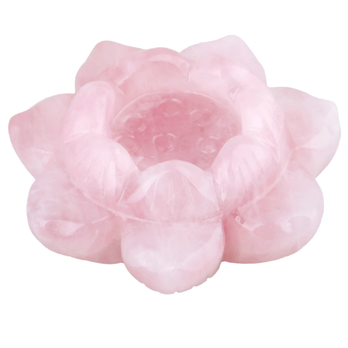 Natural Rose Quartz Carved Gemstone Lotus Flower Crystal Ball Stand Candle Holder