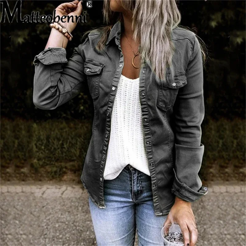 2021 Autumn With Fur Black Jean Jacket Ladies Mid Length Denim Shirt Coat Fashion New Slim Solid Color Women Street Denim Jacket