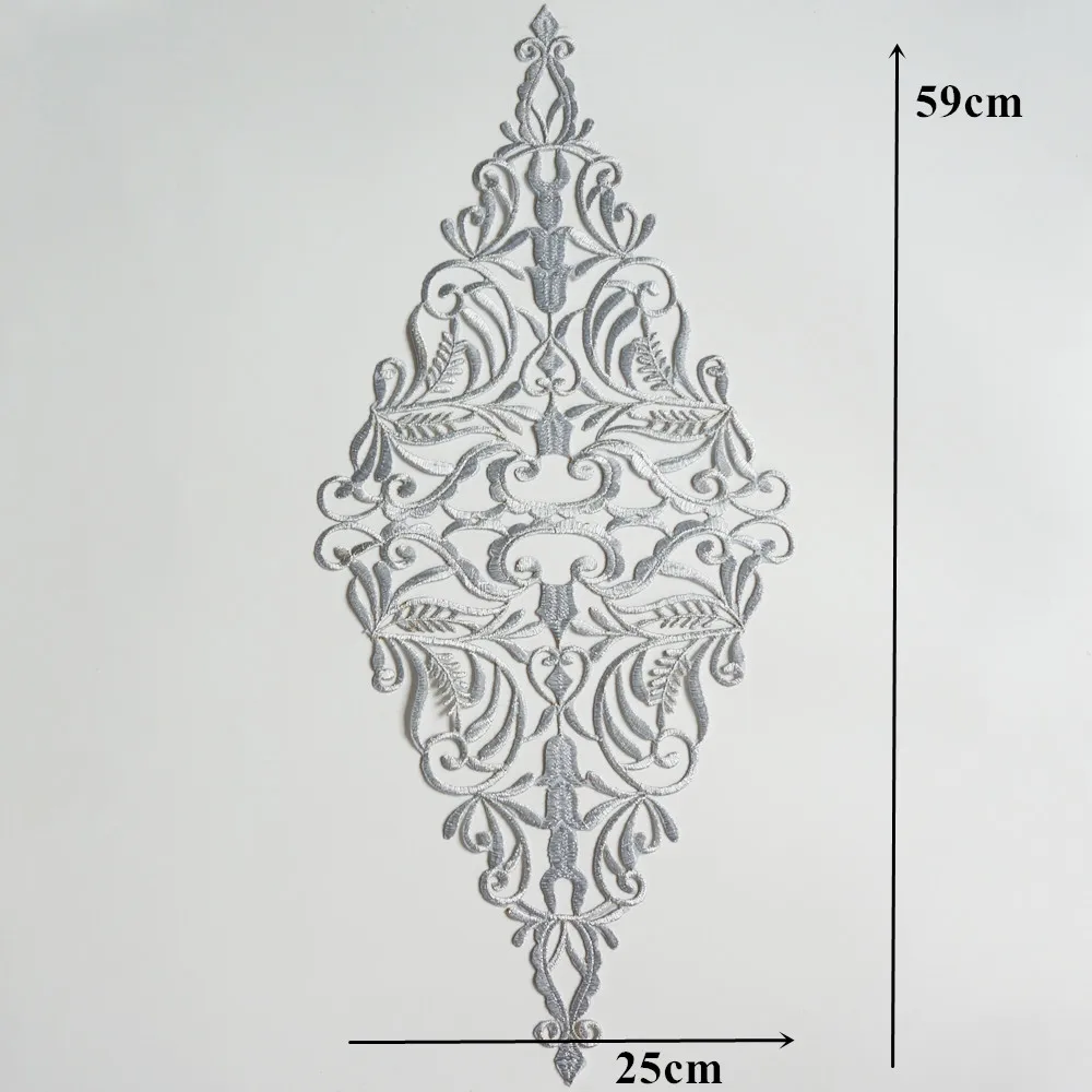 Large Silver Baroque Fabric Appliques Hollow Grid Noble Embroidered Gown Collar Sew Iron On Patch For Wedding Clothes Dress DIY