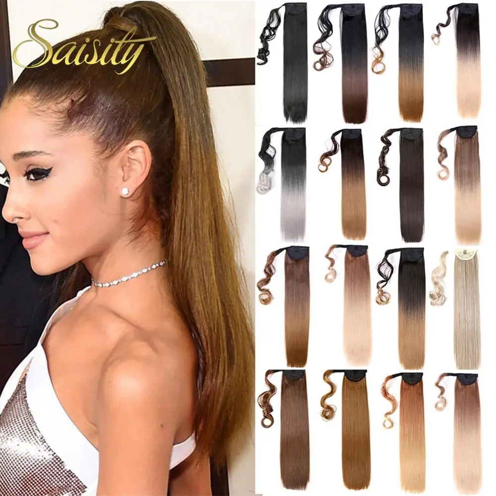 Saisity 22Inches Synthetic Long Straight Wrap Around Clip In Ponytail Hair Extension Heat Resistant Pony Tail Fake Hair
