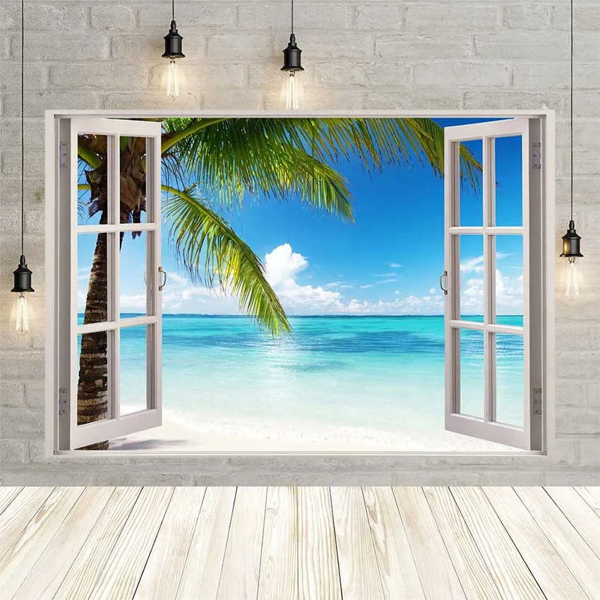 Avezano Summer Tropical Sea Beach Background For Photography Window Palms Tree Sunrise Natural Scenic Backdrop Photocall Studio