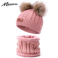 Children's Skullies Beanies Hat Scarf Set Winter Knitted Kids Two pieces Fake Ball Pompon Hats Scarf Sets Beanie Cap Girls Hats