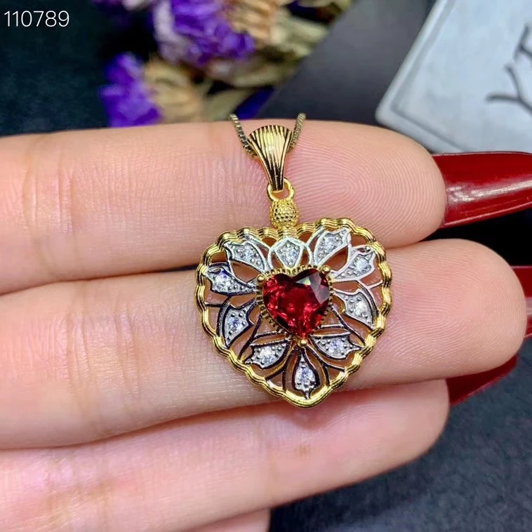 heart shape fashion natural garnet pendant for necklace 100% natural gem red color 925 sterling silver girl birthday gift lover