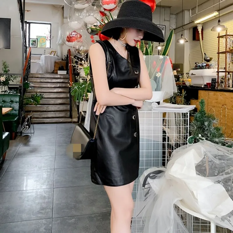 Fashion V-Neck Genuine Leather Short Dress Female Streetwear Slim High Waist Sleeveless Sheepskin A-Line Dress Black M-3XL