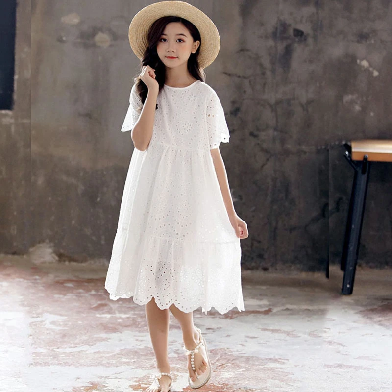 2024 Summer hollow Dresses White kid baby party mesh princess Girls Mid Long lace Patchwork Teenager dress 6 8 to 10 12 14 Years