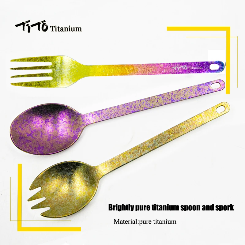 TiTo outdoor camping titanium Spork 1.5mm Ultralight Titanium Spoon Long Handle Spoon Outdoor Camping Picnic Titanium fork