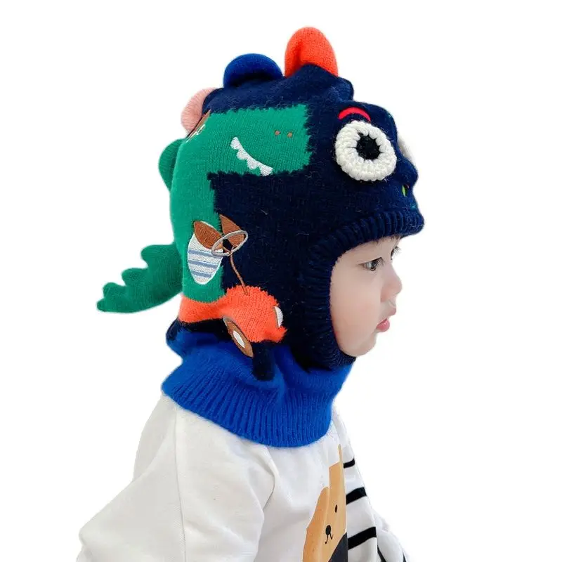 Doitbest 2022 Boy Girl Beanie Protect neck Cartoon dinosaur Windproof Winter Child knit hat Warm Cute kids girls Earflap Caps