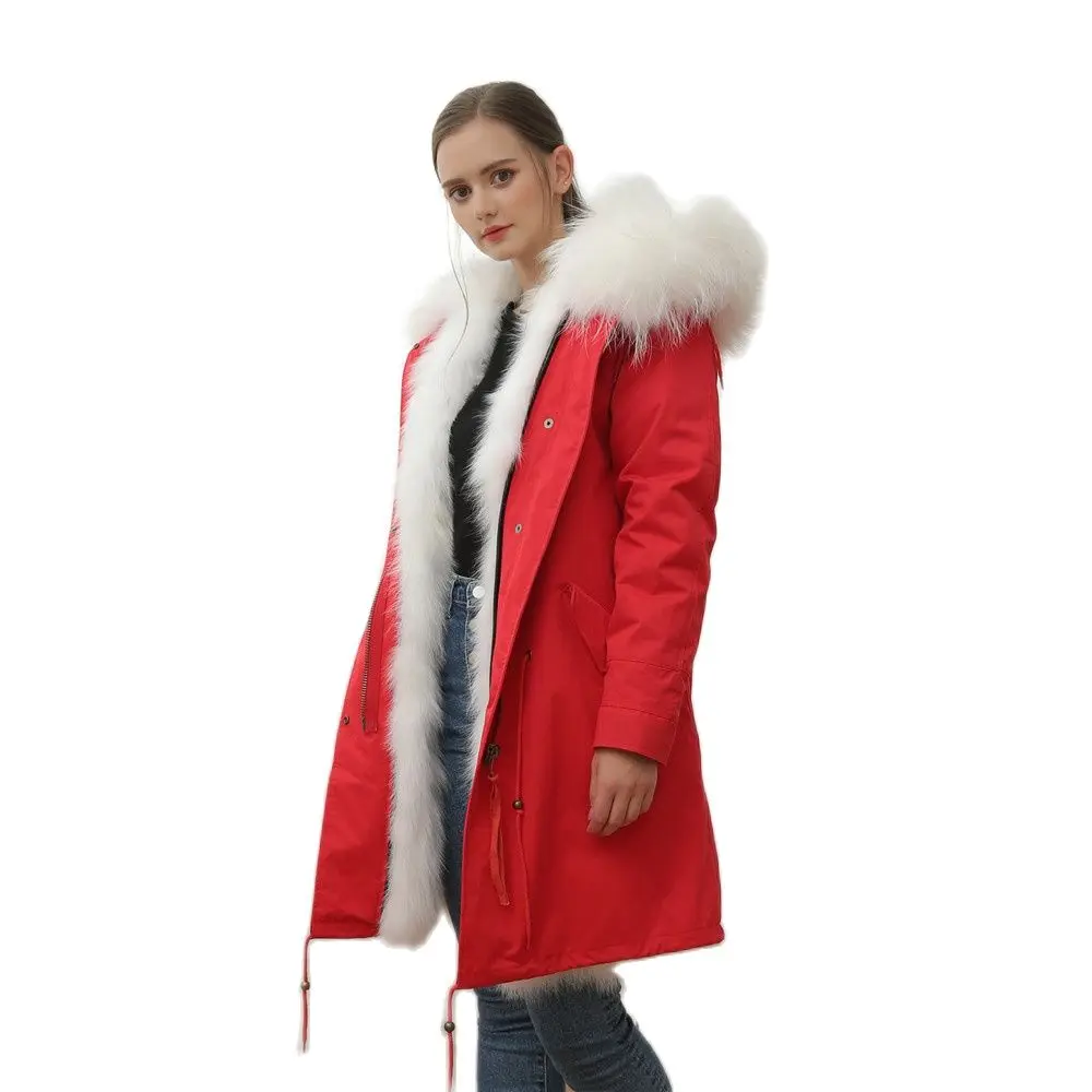 Mais recente moda casaco de gola de pele com capuz longo branco real pele de raposa parka para mulher casaco reversível