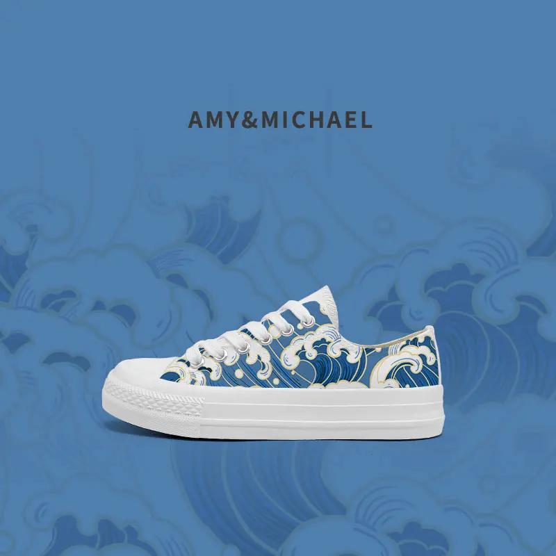 Amy and Michael Original Design Chinoiserie Water Pattern Hand Painted Canvas Shoes Low-Top Flat Woman Vulcanize Shoes