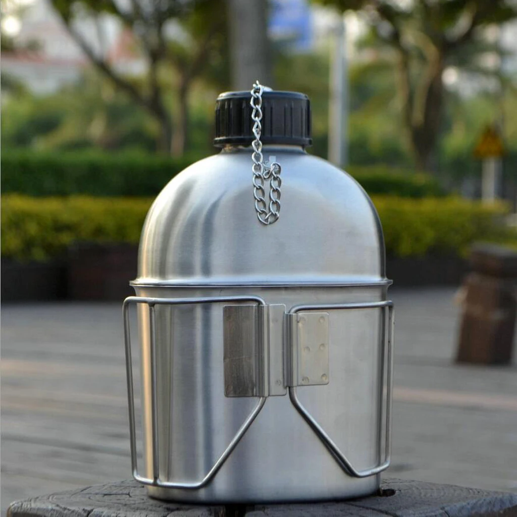 1L Stainless Steel Canteen with 0.6L Water Cup Pot for Camping Hiking Backpacking Travel and other Outdoor Sports
