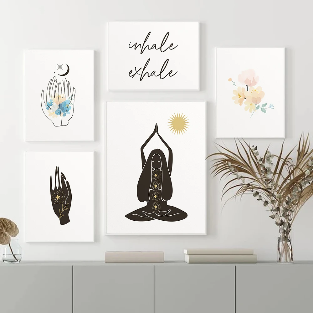 Affiche murale imprimée avec citation d'inhalation, image sur toile, peinture de pleine conscience, Yoga, main, lune, femme, chambre, salon, décoration de maison