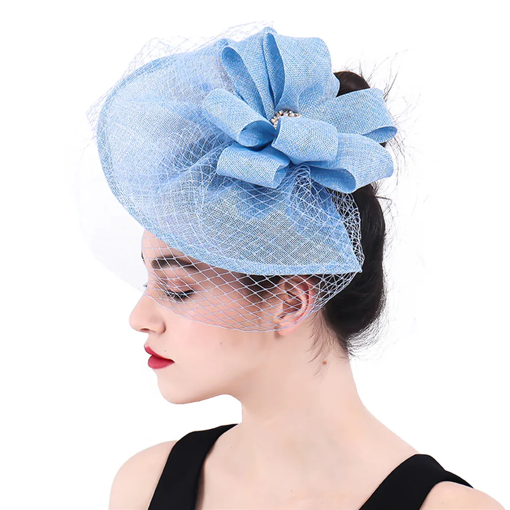 

Light Blue Hair Fascinators Hat Derby Royal Headwear Veils With Loops Hair Accessories Hair Clips Women Ladies Wedding Headdress