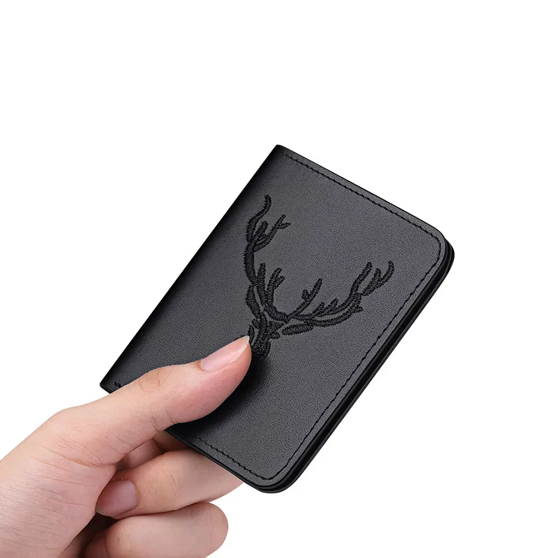 Wallet Men Mini Ultra-thin Fashion Cowhide V-shaped Card Holder Embroidery Bi-fold No Zipper Small Purse Casual