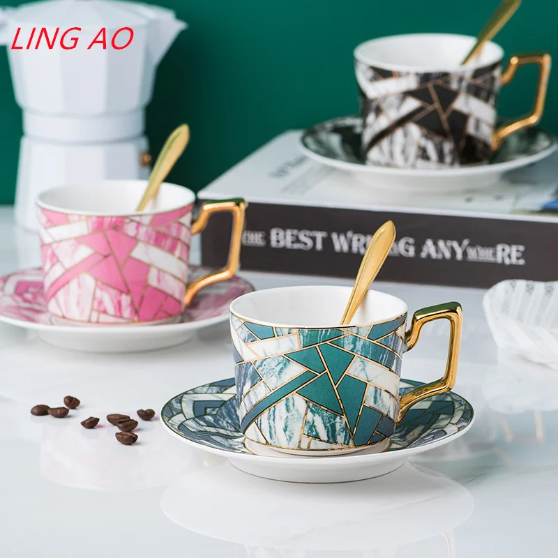 LingAo-European Creative Ceramic Coffee Cup and Saucer Set, English Afternoon Tea, Tray and Spoon