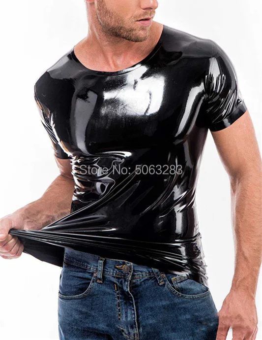 

Rubber Latex T Shirt long sleeves round collar Pull On Top undershirt plus size Tee Sexy Black rubber tee shirt plus