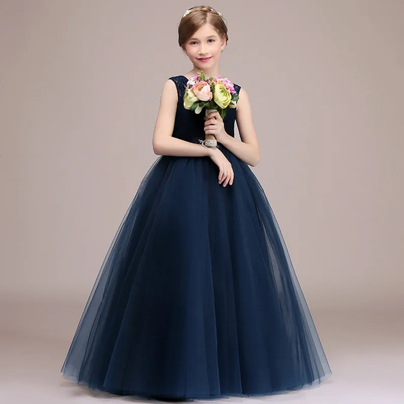 Robe bleu marine personnalisée pour filles, tulle en dentelle, robes de demoiselle d'honneur, fête d'anniversaire pour enfants, robe de princesse formelle