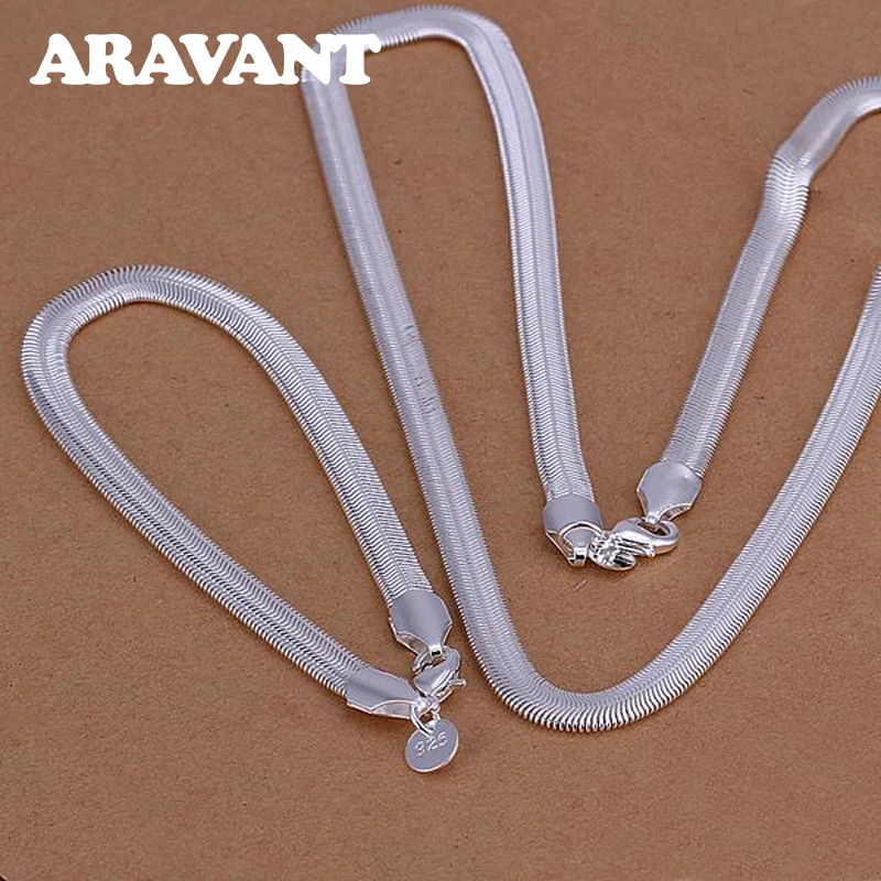 925 Silver 6MM Flat Snake Chain Necklace Bracelet Set For Women Men Fashion Jewelry