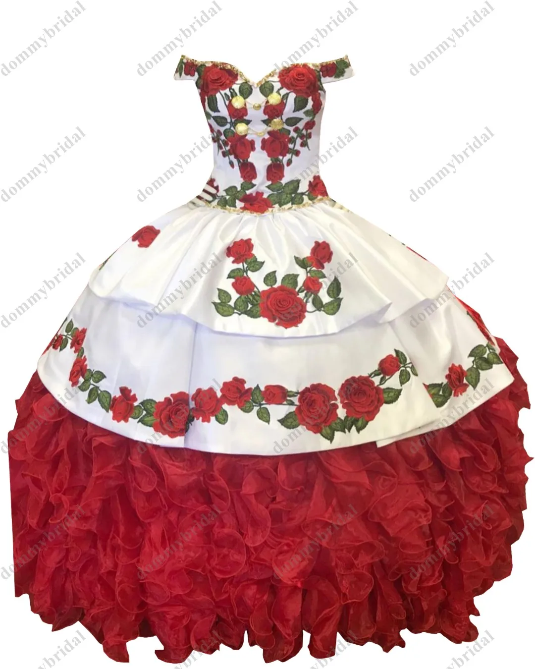 Vestido de baile de hada roja y blanca con hombros descubiertos, vestido de baile de graduación de quinceañera, flores florales, Charro, volantes satinados mexicanos XV, 2021