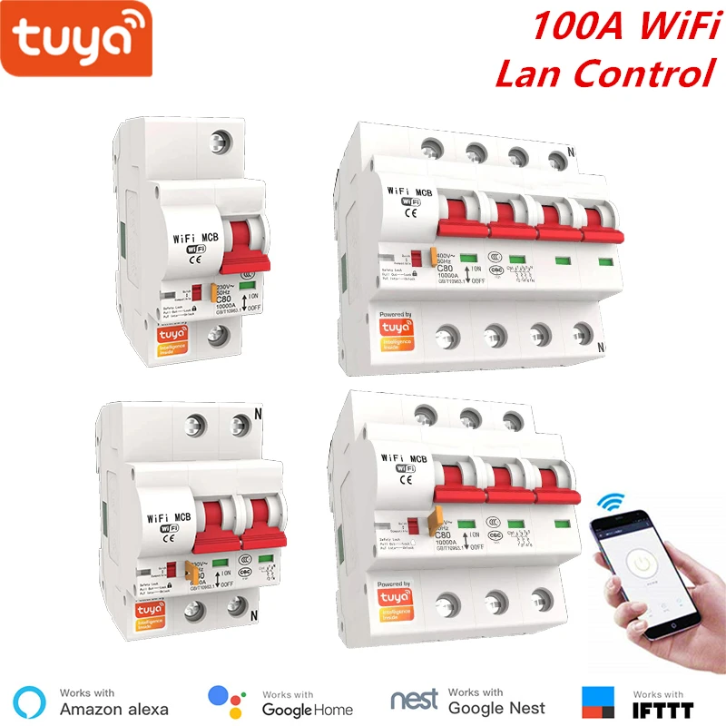 

Tuya Smart WiFi Circuit Breaker 100A 1P/2P/3P/4P Smart Relay Automatic Switch Overload Short Circuit Protection Lan Control