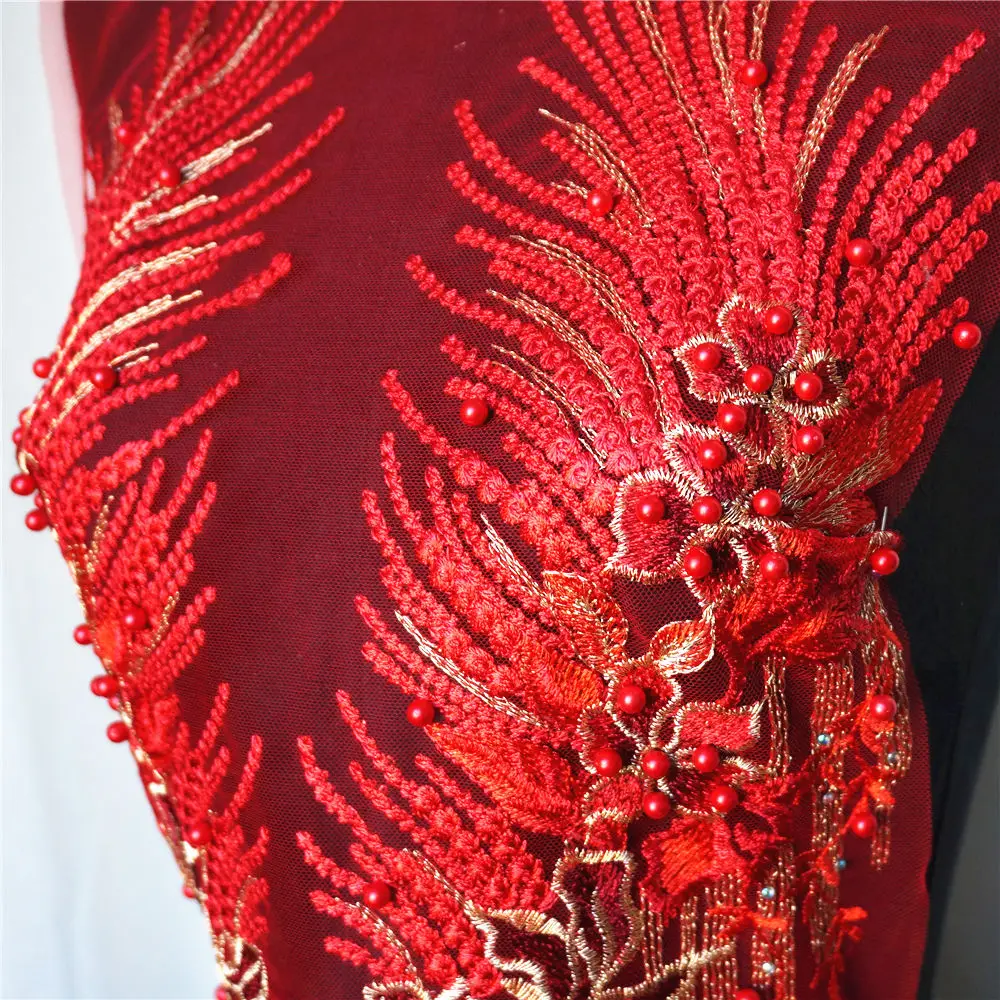 1 Set Red Lace Fabric Flower Tassel Beads Rhinestone Embroidered Wedding Gown Appliques Mesh Sew Patch For Dress DIY Decoration