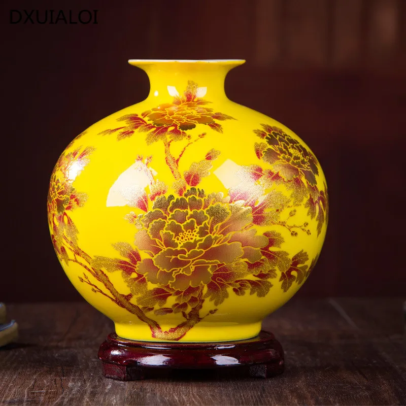 

Home Decoration Chinese Style Vase Jingdezhen Yellow Crystal Glaze Flower Vase Living Culture Handmade Shiny Family Rose Vases