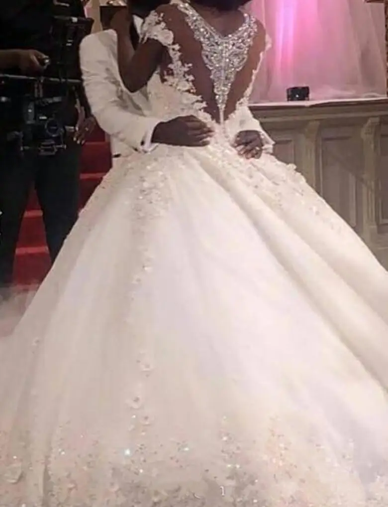 Vestidos de casamento africanos com lantejoulas personalizados, plus size, bola, pescoço transparente, manga, flor, renda, vestidos de noiva personalizados