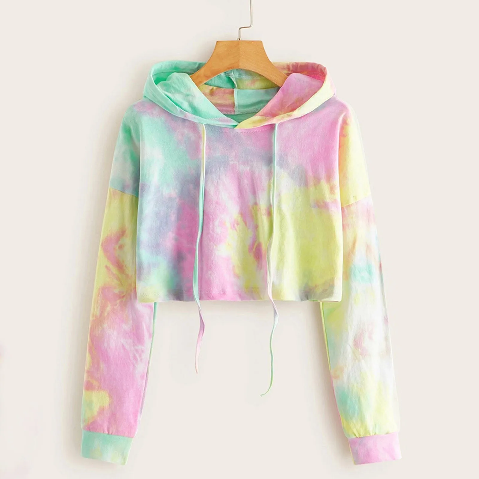 Women Long Sleeve Crop Hooded Tie-Dye Print Sweatshirt Crop Top Hoodies Pullover Top Blouse Harajuku Hoodie Streetwear Women Top