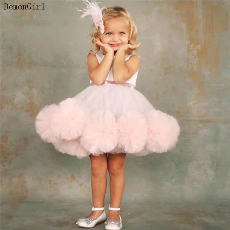 Puffy Baby Girl ชุด Tulle Tutu Glitter Sashes ดอกไม้สาวชุดเด็กวันเกิดชุด First พิธี