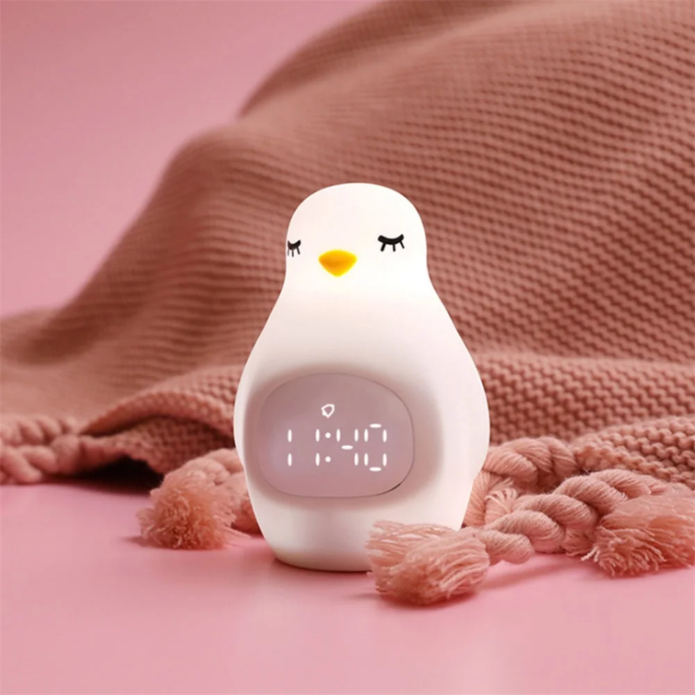 Luz nocturna de pingüino de silicona, reloj despertador electrónico, Control de voz, recargable por USB, lámpara LED de noche para niños, regalo para niños