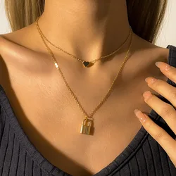 Boho Heart Padlock Long Pendant Necklace Ladies Vintage Gold Color Metal Charm Couple Necklaces Girls Fashion Jewelry Gift