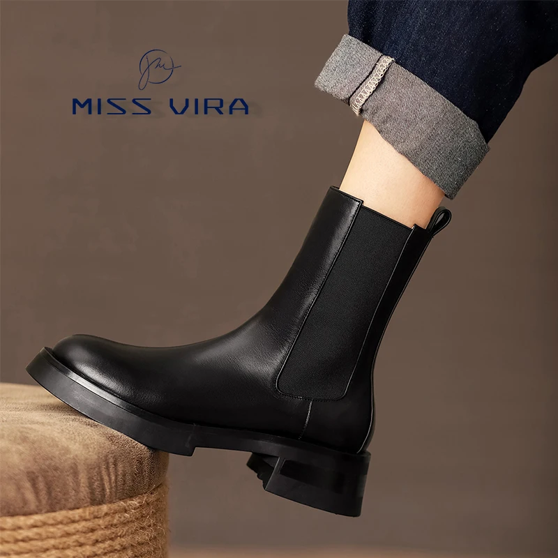 

MISS VIRA Chelsea Boots Women Genuine Leather Ankle Boots Platform Female Spring Shoes Fashion Black Booties