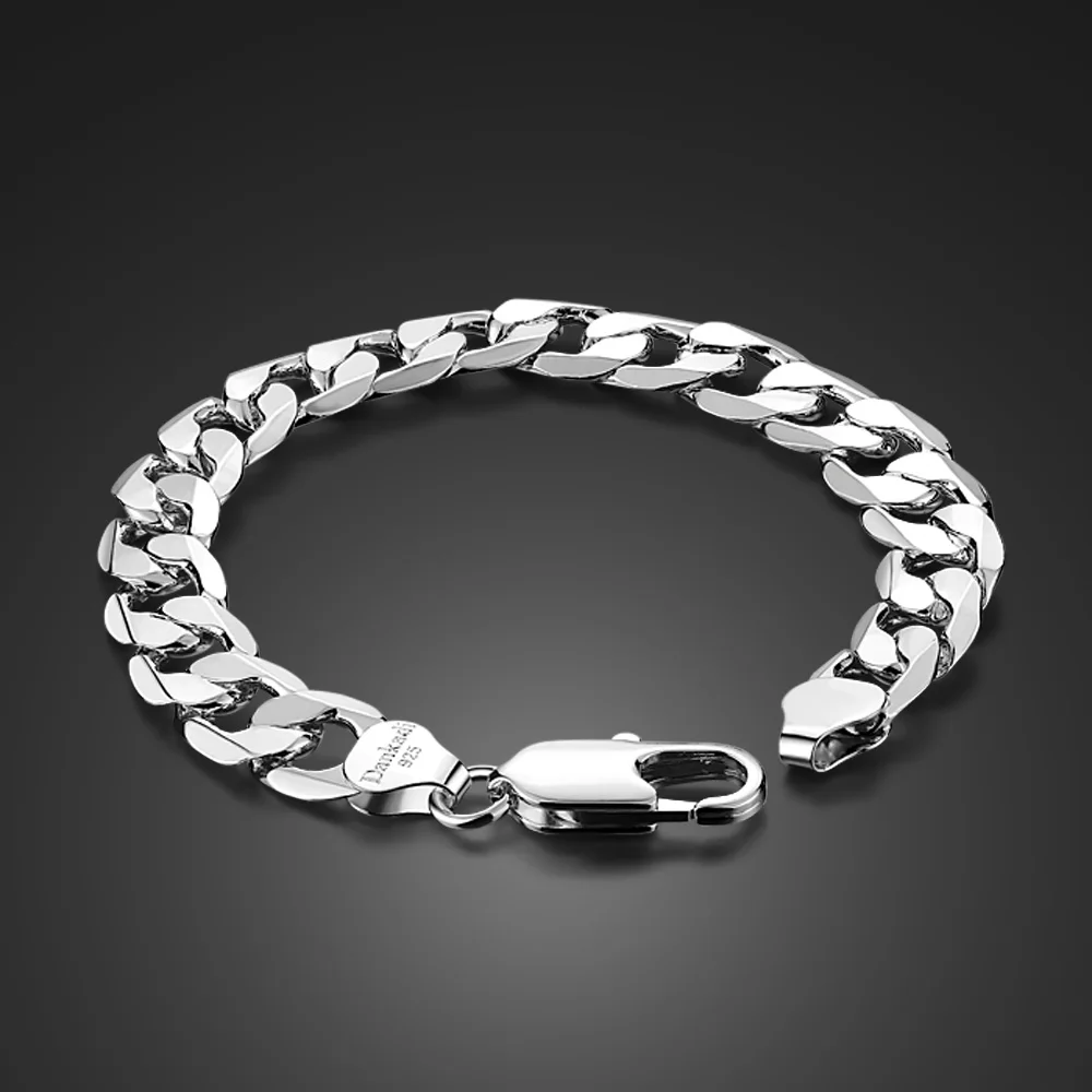 

Hot sale Men 100% 925 Sterling Silver Bracelet 9 inches Width 12MM Solid Silver Cuba's Chain Bracelet Man Fashion Jewelry