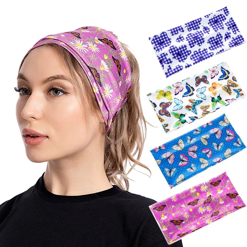 2021 Trend Print Colourful Butterfly Elastic Hair Bands Wide Head Band Sweatband  Hair Accessories Headdress For Women Girl