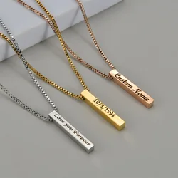 Collares con colgante cuadrado de grabado de cuatro lados, nuevo collar con nombre personalizado, caja de acero inoxidable, cadena de regalo, joyería para mujeres/hombres