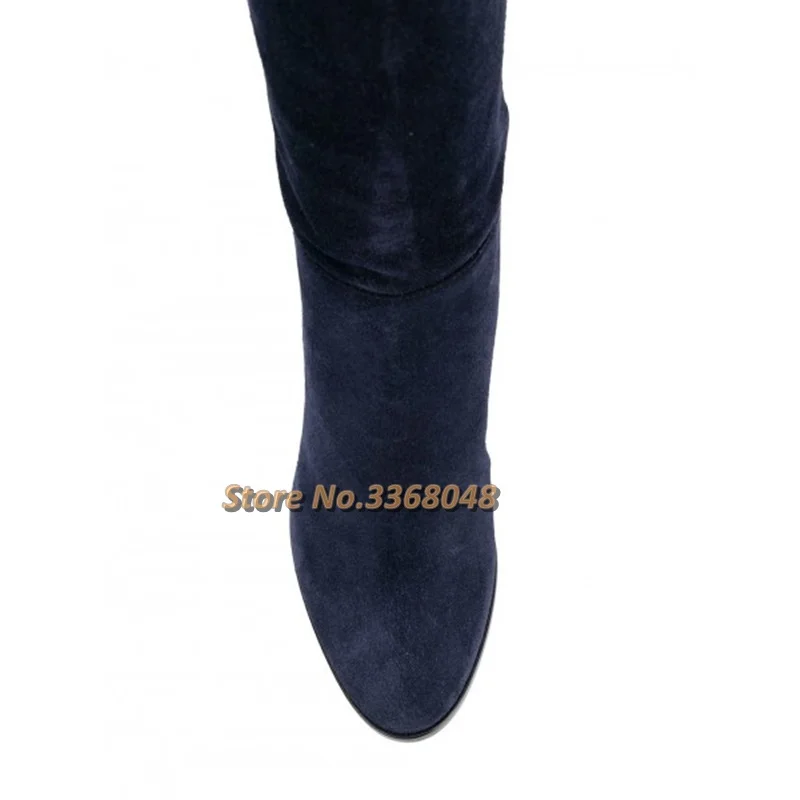 Suede Navy Blue Boots Round Toe Chunky Heels Knee High Long Boots Slip On Square Custom Made Winter Women Boots New Arrivals