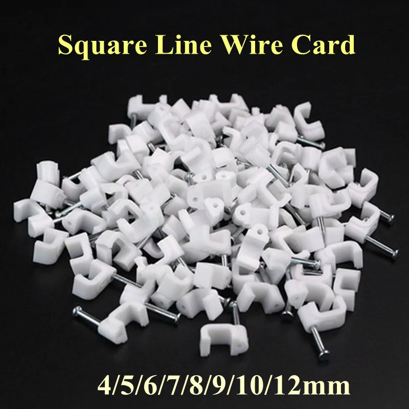 100Pcs 4/5/6/7/8/9/10/12mm Wall Home Supplies Fixing Cable Clip Mount Square Clamp Office Trough Sub Line Wire Card With Nail