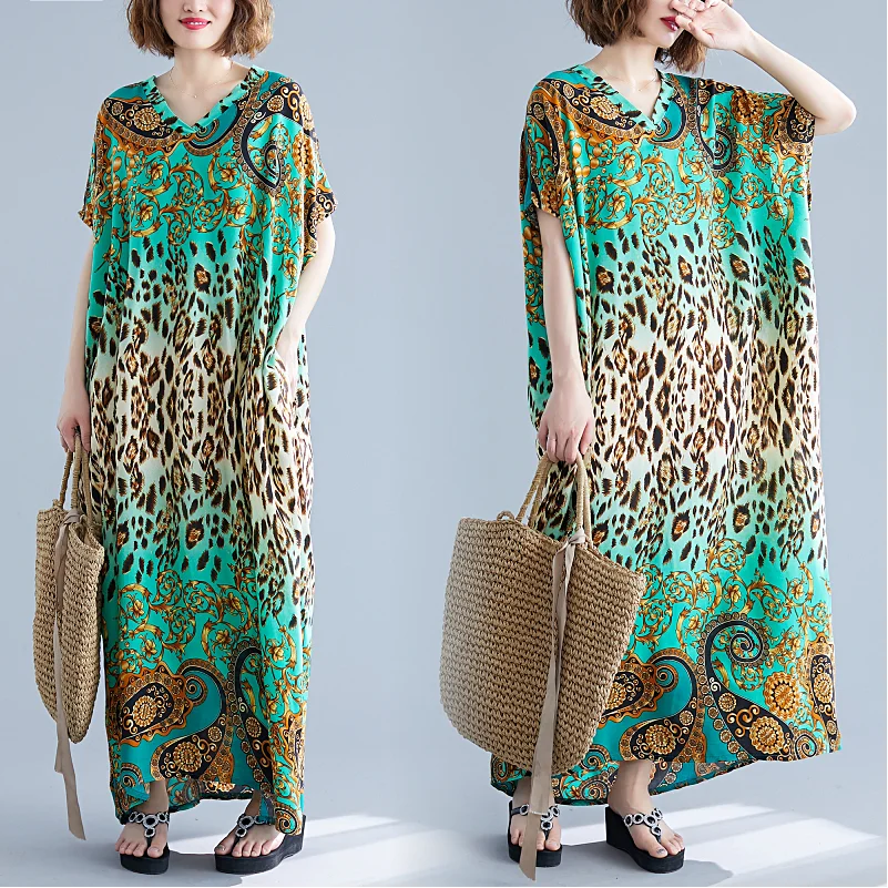 

Green African Dresses For Women 2020 Summer Bat Sleeve Loose Fashion Elegant Pattern 3D Print Lady Clothes Sweet Style