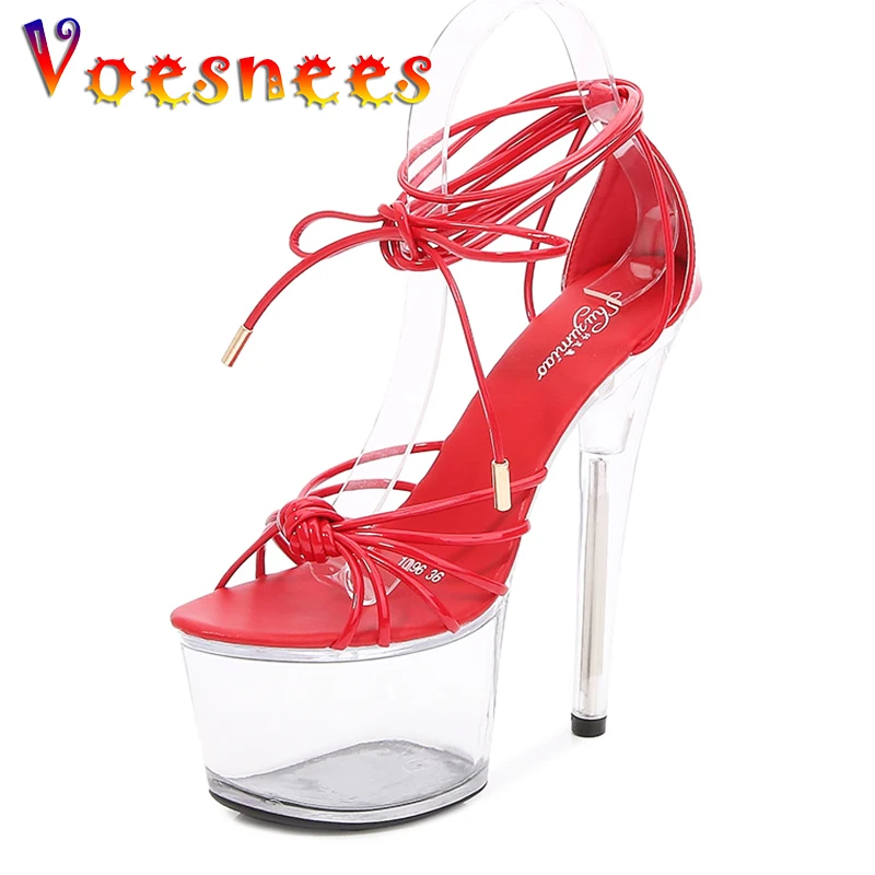 

Voesnees Walking Show Stripper Heels Clear Shoes Woman Platforms 15cm High Heels Sandals Pole Dance Ankle Straps Wedding Shoes