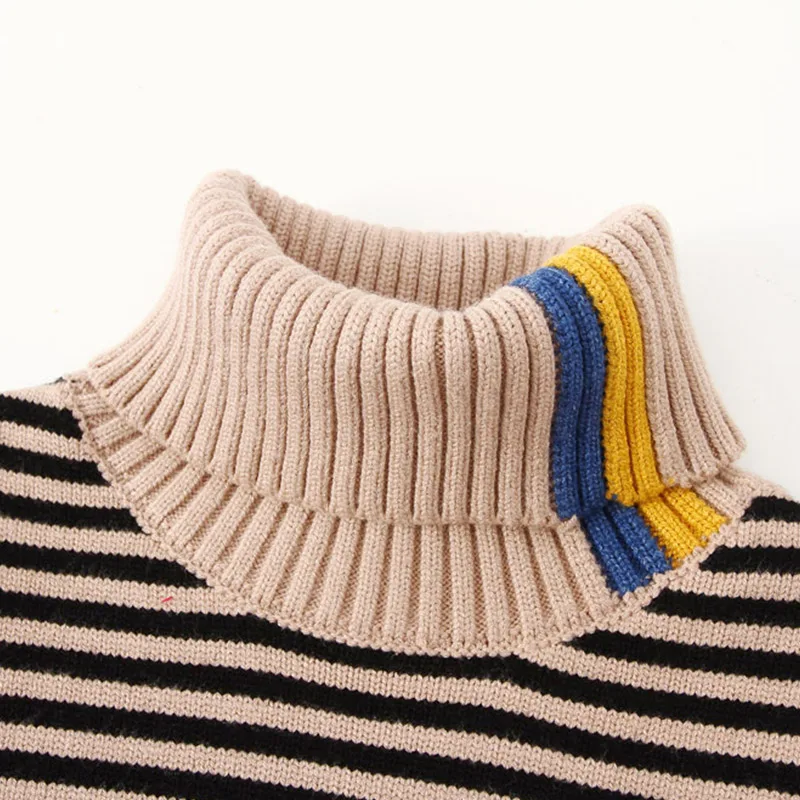 2024 Winter Warm 3 4 5 6 8 10 12 Years Teenage Thickening High Neck Knitted Turtleneck Color Striped Baby Kids Boys Sweater