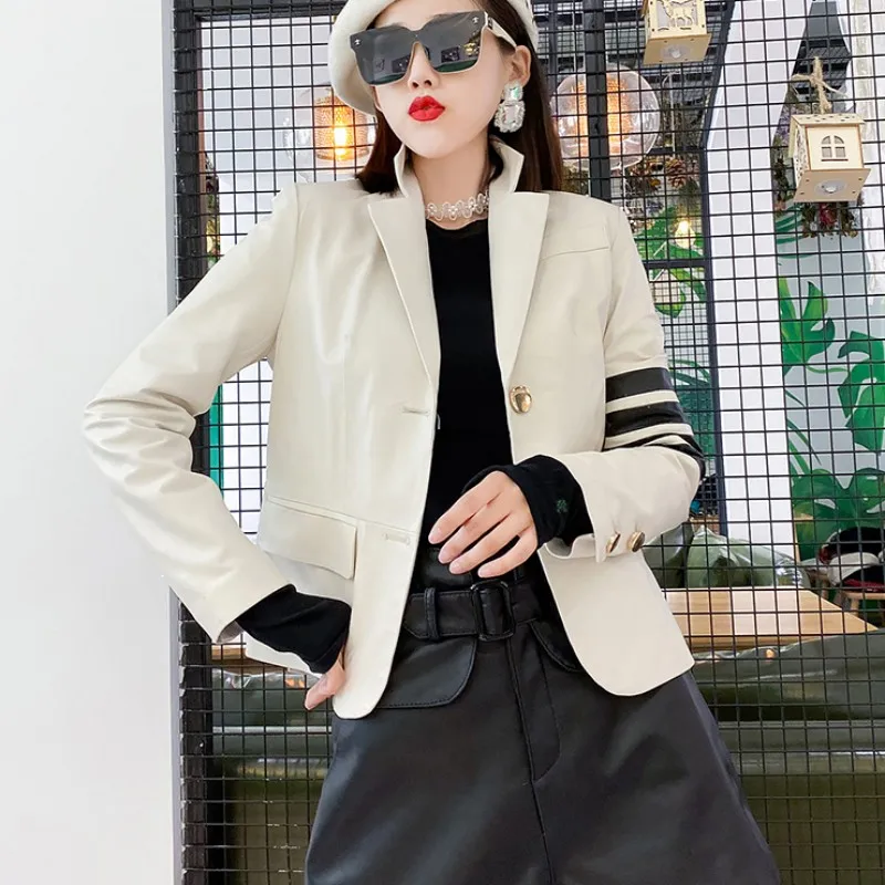 Veste en cuir véritable de haute qualité pour femme, manteau à revers, simple boutonnage, mode décontractée, en peau de mouton, Streetwear, automne hiver