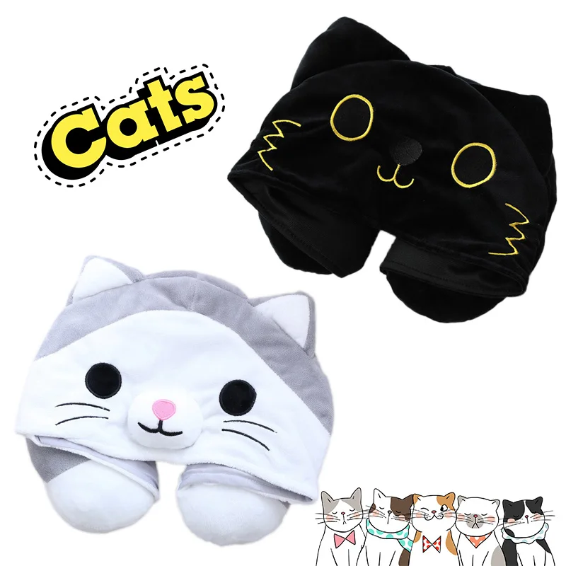 Cat U Shape Travel Pillow Cartoon Cute Hooded Neck Pillow Office Airplane Support Head Rest Headrest Cushion Pillow for Sleep