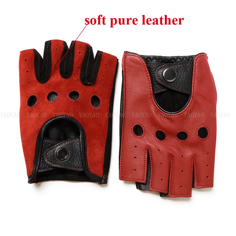 Guantes de medio dedo para hombre, manoplas delgadas de piel de oveja auténtica, color rojo/marrón/azul, para conducción, Primavera, mal100