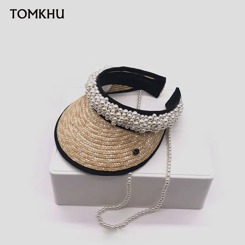 100% Handmade Customize Pearl Empty Top Visor Women Spring Summer New Design Straw Sun Hats Beach Caps for Female High Quality