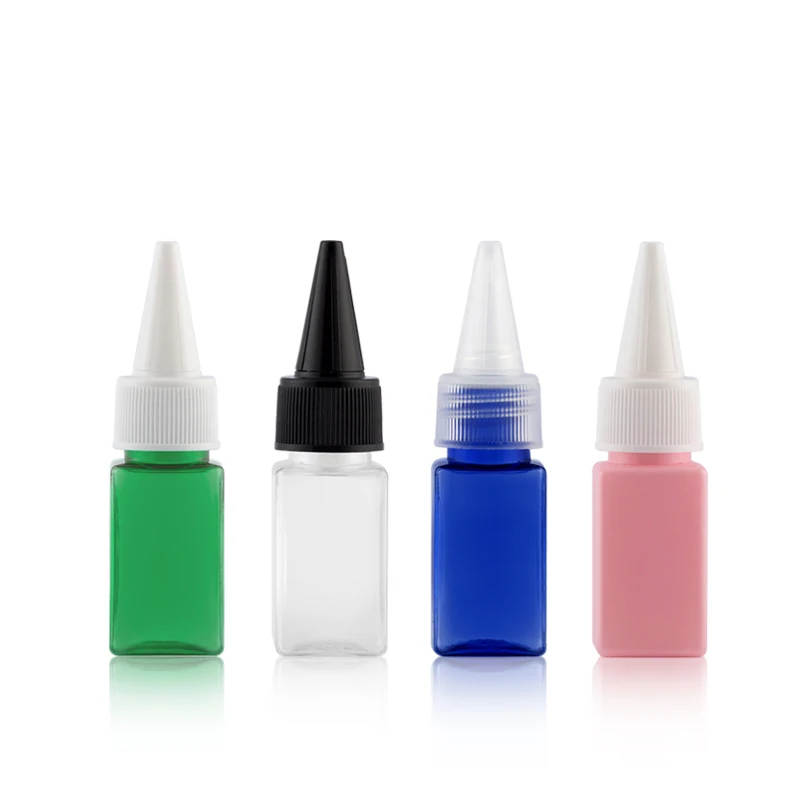 

48pcs 10ml Empty Plastic Bottles clear/blue/green/pink pet bottle with transparent/white/black twist top caps pointed mouth top