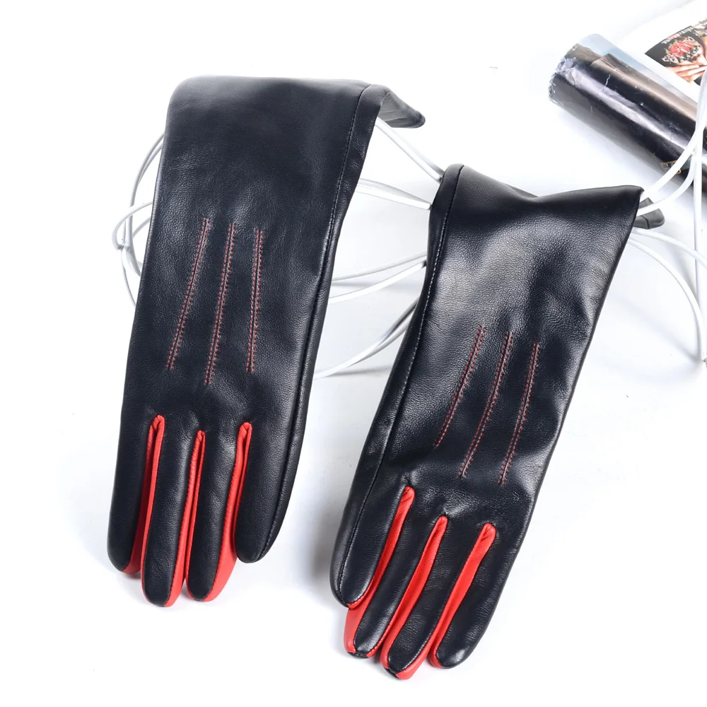 Long Gloves Women European/American Fashion Genuine Leather Thin Contrast Color Lambskin Mittens Female Lined Two Tone Luvas