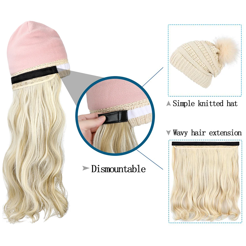 SHANGZI Hat Wig Synthetic Long Wavy Wigs white Plus velvet Beret Hat Knitted Fashion black Autumn Winter Cap Hair Wig Extensions