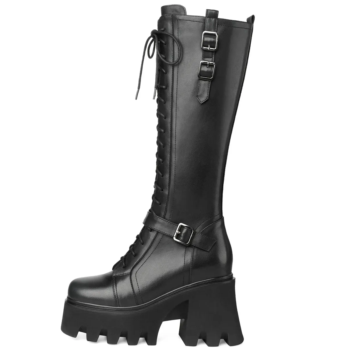 Platform Creepers Winter Women's Genuine Cow Leather Knee High Boots Chunky Buckle Motorcycle Riding Long Boots Punk Goth