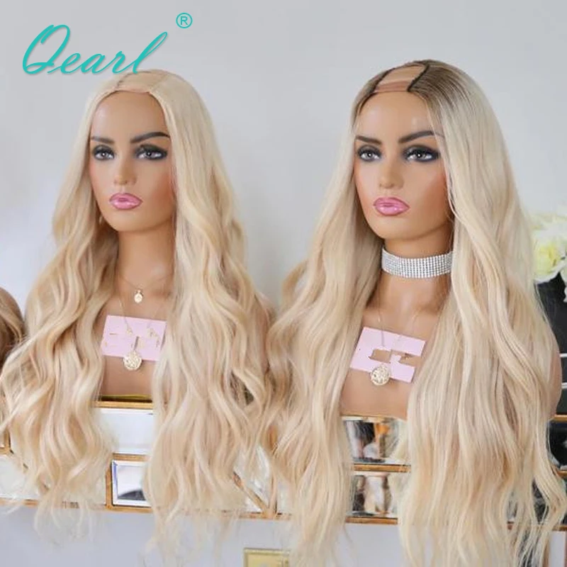 Glueless 10A  Women Human Hair Wig Ombre Light Platinum Blonde U Part Wigs 2x4 Natural Wave Cheap Virgin Hair 200% Thick Qearl