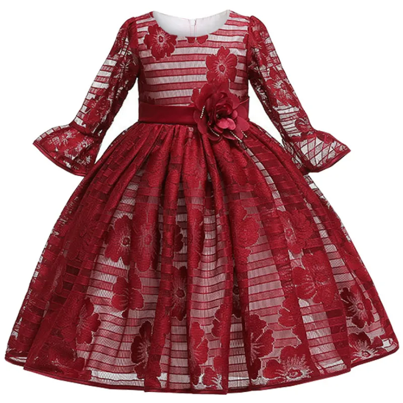 Autumn and Winter New Girls' Flower Mesh Medium Sleeve Dress Christmas Birthday Party Evening Dress for 3-10 years